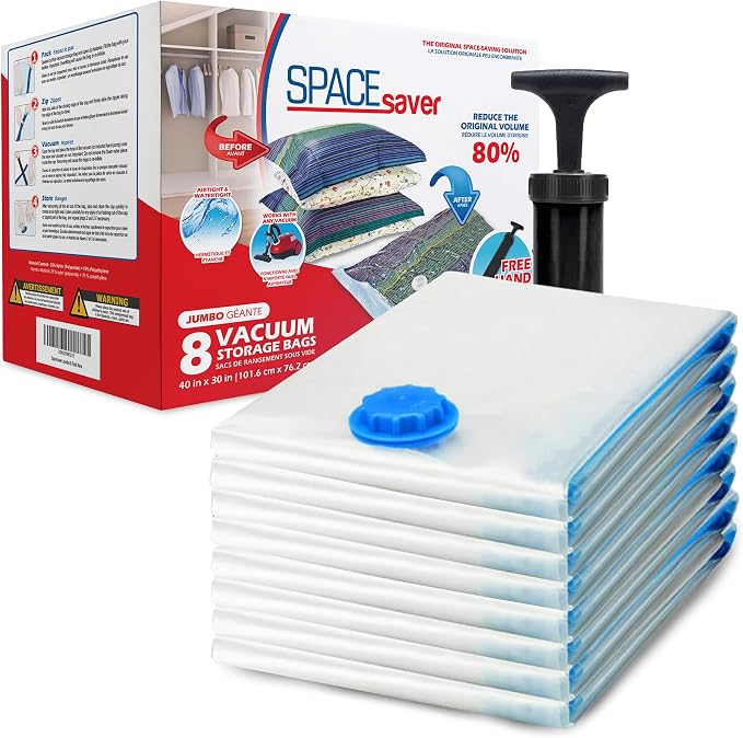Spacesaver Jumbo Vacuum Storage Bags for Blankets & Clothes – Jumbo Vacuum Sealed Compression Bags with Hand Pump – Space Saver Storage Bags for Bedding, Moving, Travel & Organization (8 Pack)