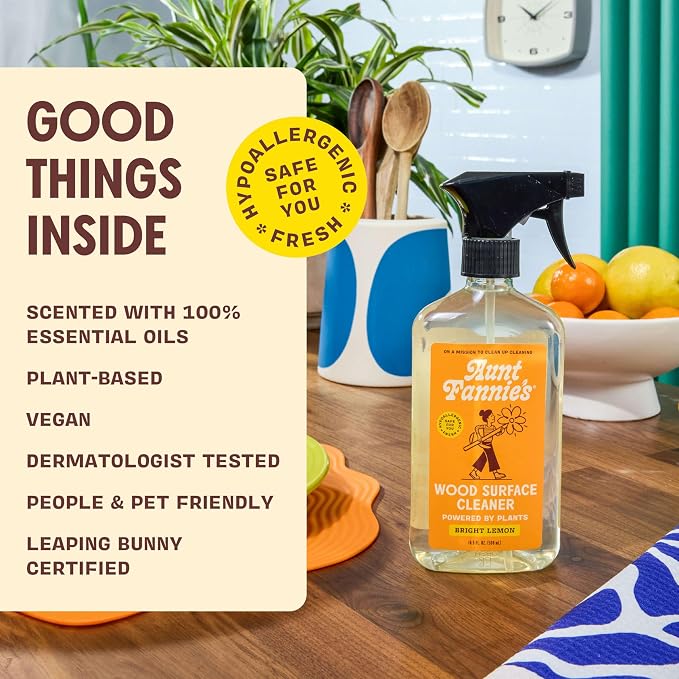 Aunt Fannie's All Purpose Wood Spray Cleaner, No-Wax Formula, Perfect for Wood Tables, Walls, Counters & Shelves, 64 Fl Ounces, Lemon Scent (Refill)