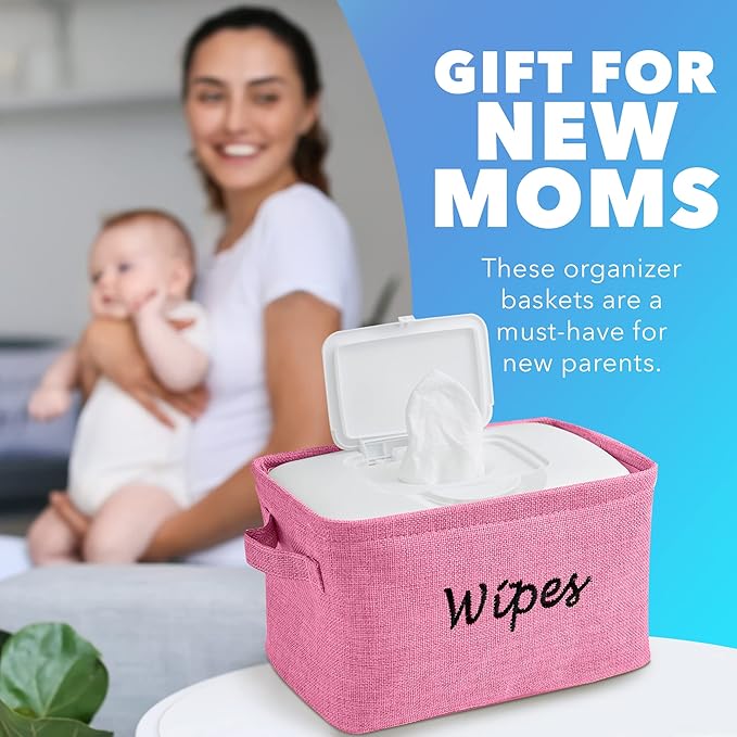 Dejaroo - Baskets for Organizing Wipes and Newborn Essentials, Diaper and Wipes Organizer, Embroidered Baby Shower Gifts for Moms, Linen Basket with Handle, 9 x 6 x 5.5 Inches, Pink
