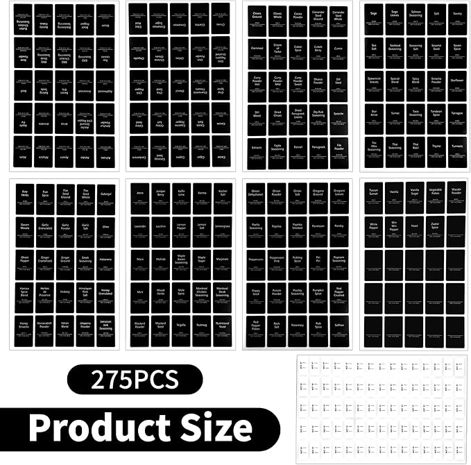 Spice Jar Labels - 275pcs Black Preprinted Waterproof Stickers for Pantry Organization for Kitchen Jars Caps Food Containers Spice Organizers