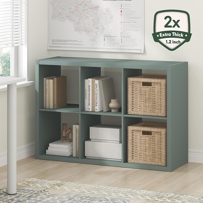 Furinno Cubicle 6-Cube Book Shelf, Extra Thick Frame Bookshelf, Sage Green | 14.6" x 44" x 30", Horizontally & Vertically Reversible Bookcase with Open Back, for Living Room, Bedroom, Home Office
