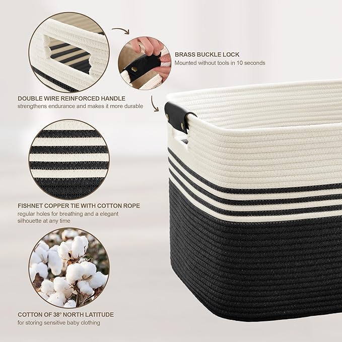 72L Large Woven Laundry Basket Hamper with Leather Handles,Black | 22"x17"x12", collapsible wicker hamper, storage for dirty clothes, toys, blankets, gifts, living room, bedroom, bathroom