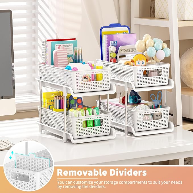 RIKOJUXI Bathroom Organizer with Dividers, 2Pcs 2 Tier Stackable Under Sink Organizers and Storage Cabinet Organizers for Bathroom Kitchen Pantry Organization and Storage, Medicine Cabinet Organizer