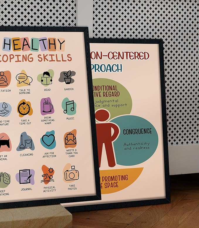 LOLUIS Mental Health Poster, Boho Therapy Tools Educational Supplies Art Print Classroom School Office Decor (Healthy Coping Skills, Custom Frame Type)