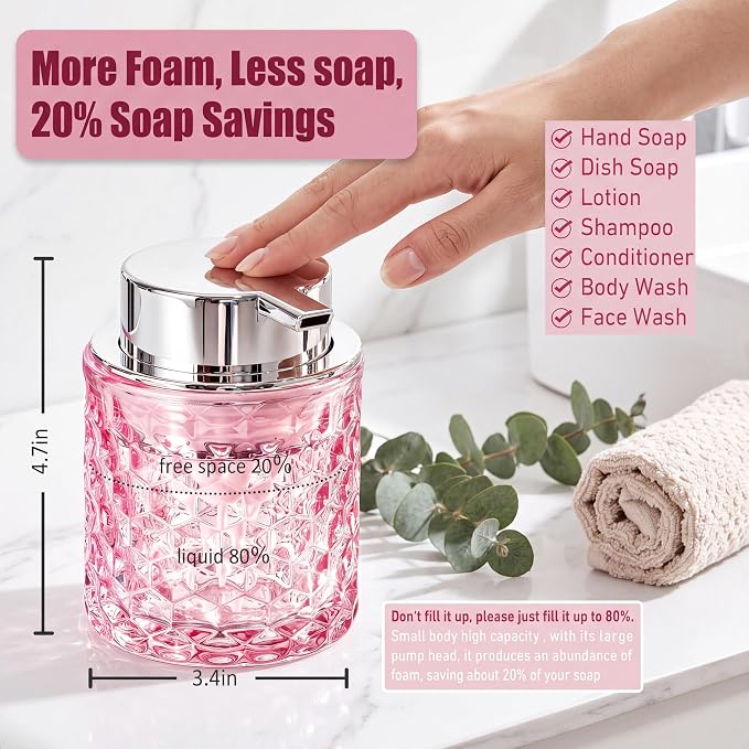 Malachi Foaming Hand Soap Dispenser, Refillable Clear Glass Foam Pump Bottle for Hand Soap, Dish Soap, Body Wash, Shampoo, Facial Cleanser & Baby Wash, Multi‑use for Bathroom, Kitchen & Commercial Use