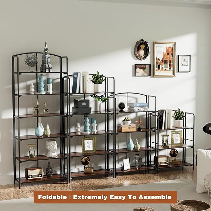 Crofy 3-Tier Wider Foldable Bookshelf, Black Frame & Walnut Shelves | No-Assembly Collapsible Portable Storage Organizer; Sturdy Walnut Finish Shelves; Ideal for Living Room & Home Office