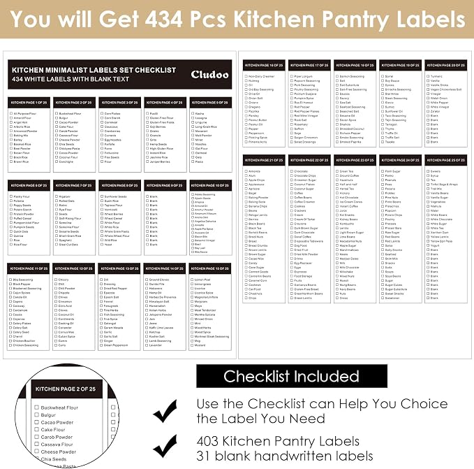 Cludoo 434 Pcs Kitchen Pantry Labels for Food Containers with DIY Blank Labels,3 Sizes Preprinted Minimalist Waterproof Pantry Labels, Kitchen Organization Labels for Jar, Bottles,Boxes