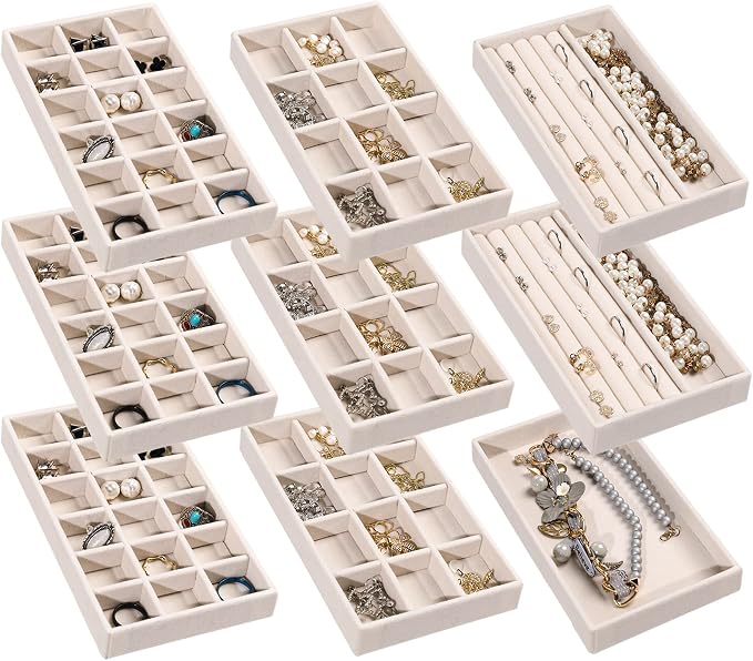 Frebeauty Jewelry Trays for Drawer,Set of 9 Jewelry Organizer and Storage | Velvet Material,Earring Holder Organizer,Stackable Jewelry Display for Vanity,Drawer Inserts for Rings,Studs,8.3×4.9 inch