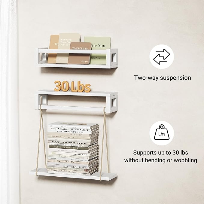 TidyCorner Upgraded Thick Floating Shelves, Solid Wood Bookshelf for Wall, Floating Book Shelves Use as Wall Shelves for Bedroom, Living Room, Kitchen, Books, Spice Rack & Decor - White