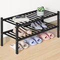 Smiry Bamboo Shoe Rack for Closet, 2 Tier Wooden Shoe Organizer, Stackable Wood Shoe Storage Shelf for Entryway, 14 Vertical Slats, One-piece Heavy-Duty Legs, 26.77"x11.02"x12.99", Black