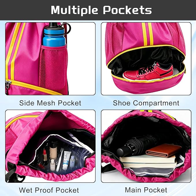 Rose Sports Drawstring Backpack with Shoes Compartment, String Gym Bag with Wet Proof Pocket for Basketball, Soccer, Swim, Sport Bag for Men and Women