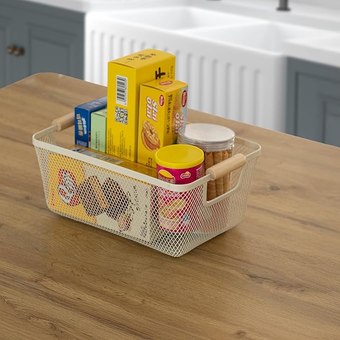 Basicwise Set of 3 Medium Multipurpose Metal Mesh Basket with Wooden Handle Storage Organizers for Kitchen Bathroom Cabinet Closet Countertop Fruit Holder Picnic Food & Beverages Carrier & Home Decor