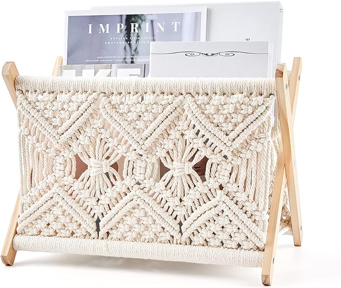 Mkono Macrame Magazine Holder, Boho Woven Book Rack Basket, 14" L x 10" W | Boho Decor, Mail Paper Vinyl Storage, Living Room Bedroom Bathroom Nursery Dorm Office, Handwoven,Space-Saving, Ivory