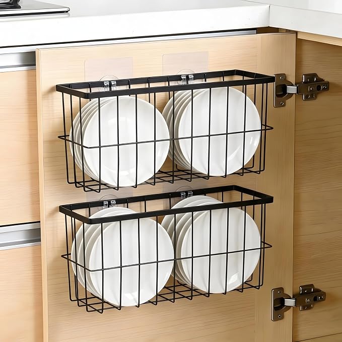 FAMNONE 2-Pack Adhesive Cabinet Door Organizer, 5.9" Inside Cabinet Storage | Lid Organizer for Cabinet, No Drill Wall Mounted Storage Box for Pantry Door, Kitchen & Bathroom Space Saving Organizer