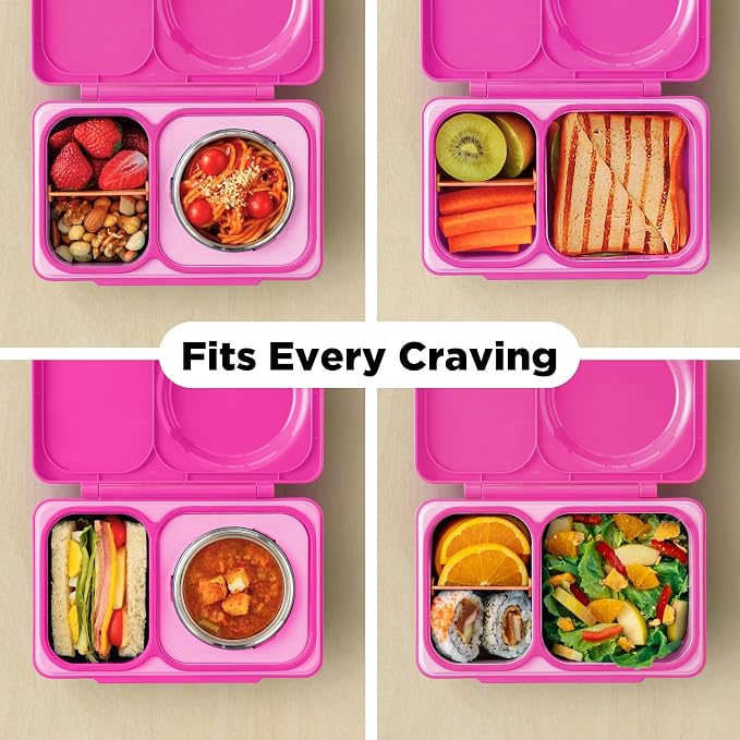 Omie OmieBox UP bento Box for Kids | Insulated Lunch Box | Leak Proof Vacuum Insulated Thermal Food jar | Cooler ice Pack | 2 Compartments (Pop Pink)