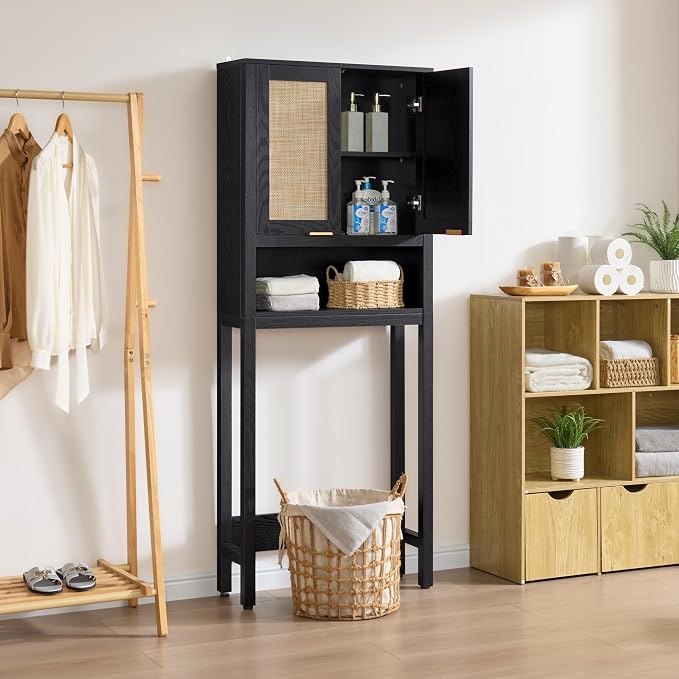 SICOTAS Over the Toilet Storage Cabinet, Rattan Door Bathroom Organizer | Freestanding Bathroom Organizer with Adjustable Shelf, Over Toilet Storage Cabinet for Bathroom, Laundry Room, dnd Restroom