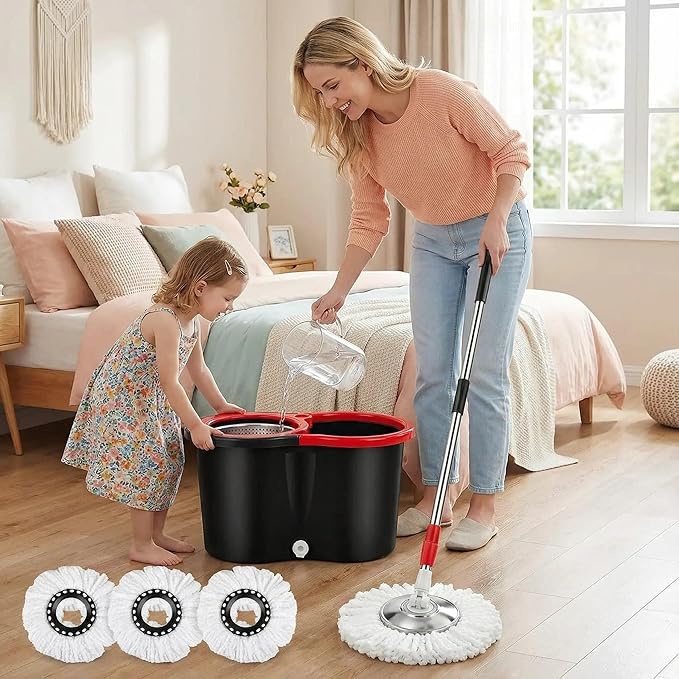 360° Spin Mop & Bucket System – 20QT Floor Cleaning Set with 3 Microfiber Mop Heads & 61" Adjustable Stainless Steel Handle for Effortless, Streak-Free Cleaning