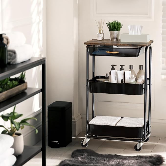 Simple Houseware 3-Tier Utility Cart with Drawer & Wood Top, Rustic Brown | Mobile Sofa Side Table, Nightstand, Slim Storage Organizer Trolley for Bedroom, Bathroom, Office & Art Supplies