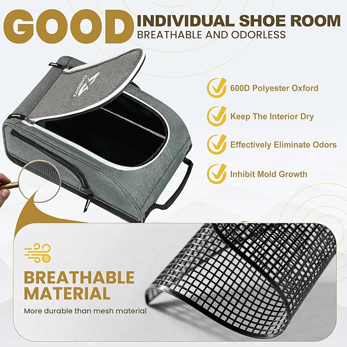 Golkcurx Golf Shoe Bag Travel Sport Shoe Carrier Bags for Men Women, Grey | Zippered, Side Accessory Pockets, for Socks, Tees, Golf Balls, Travel Sport Shoe Carrier, Golf Accessories, Golf Gifts