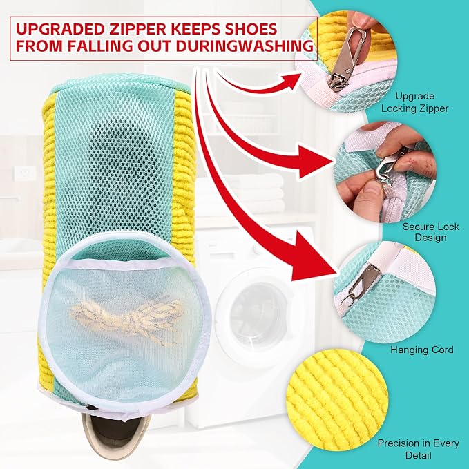 Shoe Washing Machine Bag Reusable Sneaker Washing Bag with Built-in Fluffy Brushes for 360° All-Around Cleaning. Laundry Shoe Bag is Designed for Washer and Dryer （Yellow 2pcs Pro）