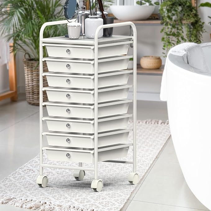 Simple Houseware 8 Drawers Rolling Utility Cart Art Craft Storage, White | 1-Column, 30.25" Height, Lockable Wheels, for School, Office, Art Craft, and Paper Storage