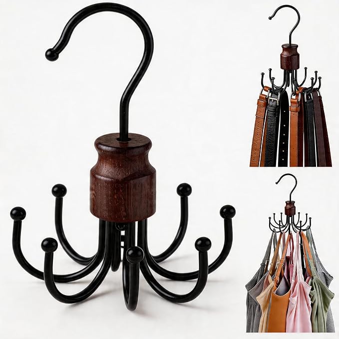 Multi-Purpose Swivel Hook, 8 Prong Design, Wood and Metal for Neckties, Belts, Bands, Bags, Bags, Key Organizer (2)