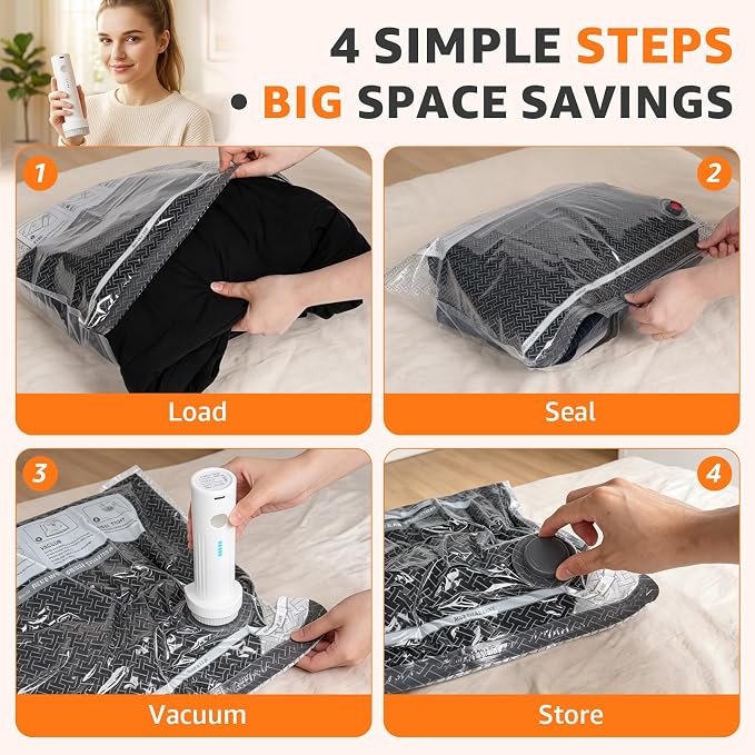 Travel Vacuum Bags with Rechargeable Electric Pump, 15 Pack, 3 Sizes | Vacuum Seal Bags for Clothing, Space Saver Compression Bags for Suitcase, Carry-On, Cruise & Travel