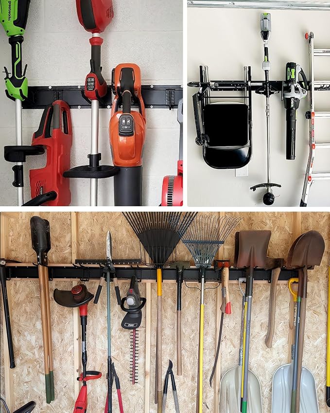 Garage Tool Organizer Wall Mount, 48in Tool Rack, 420LBS Capacity | Solid Steel, 3 Panels, 8 Movable Hooks in 4 Types, Rustproof Waterproof, Soft Anti-Scratch Hooks, Garden & Lawn Tool Storage