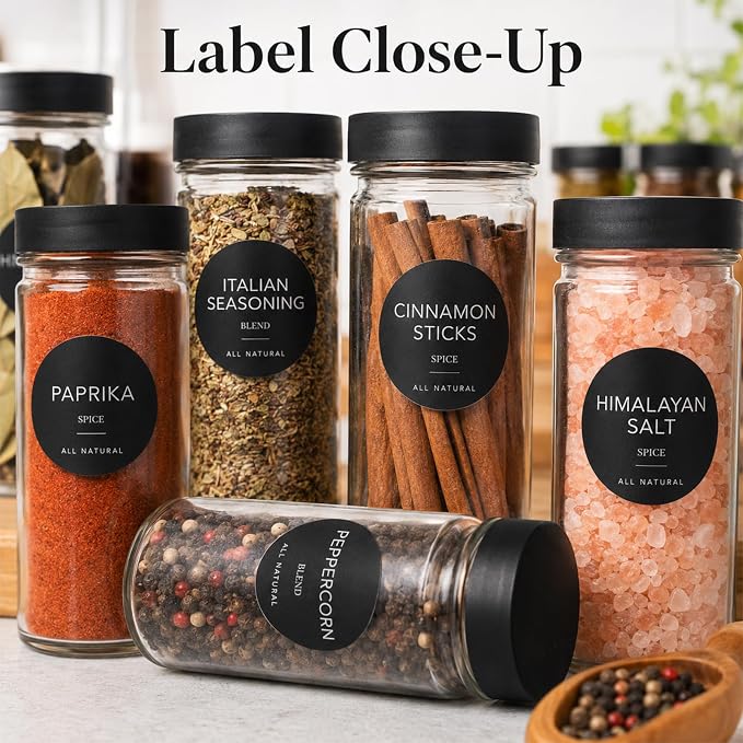 372 Pcs Spice Labels Spice Jar Labels Preprinted Label - Black Waterproof Stickers for Kitchen Dinning Spices Jars Seasoning Label for Pantry Organization (Jars NOT Included)