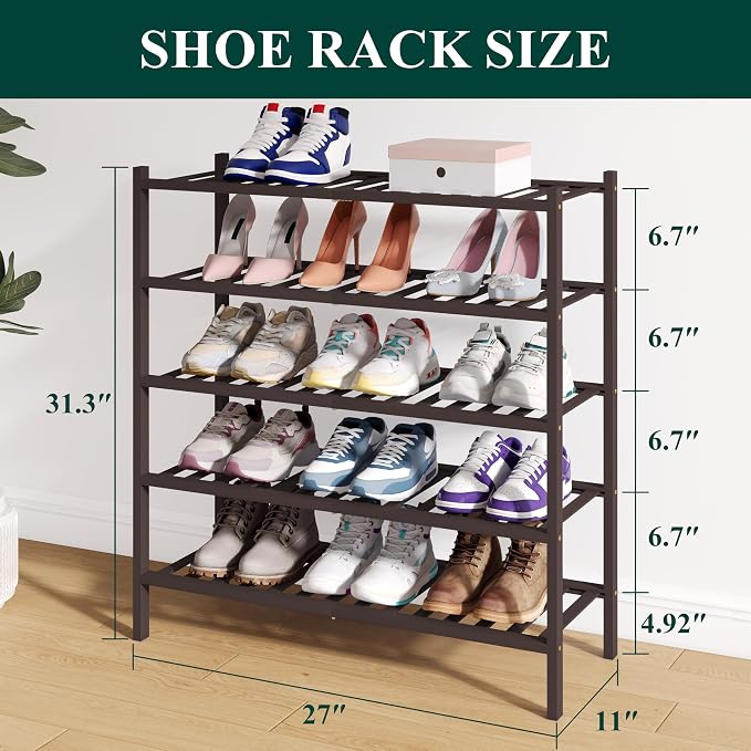 Smiry Bamboo Shoe Rack for Closet, 5 Tier Wooden Shoe Organizer, Stackable Wood Shoe Storage Shelf for Entryway, 14 Vertical Slats, 2+3 Stack Heavy-Duty Legs, 26.77"x11.02"x31.3", Brown