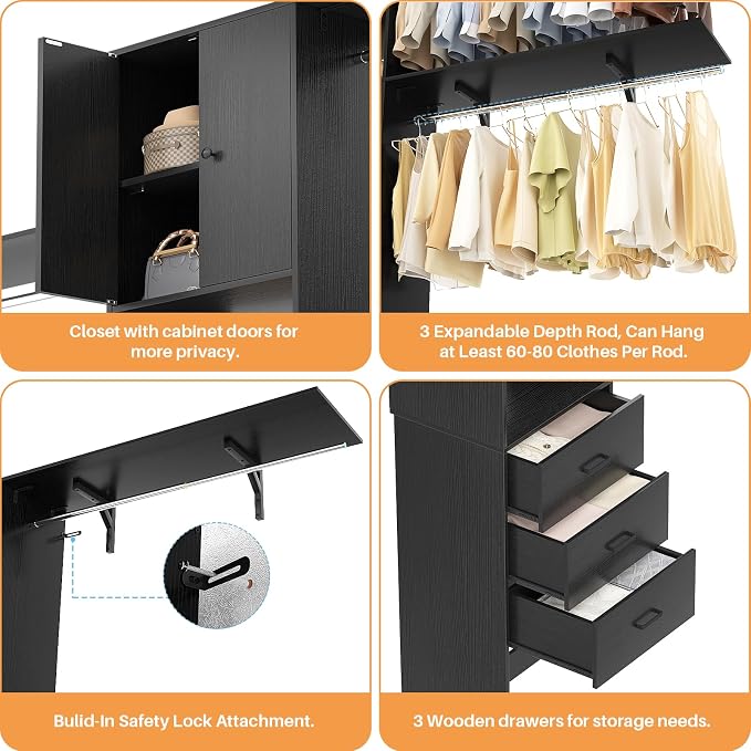 120 Inches Closet System With Doors, 10FT Walk In Closet Organizer with 3 Shelving Towers, Heavy Duty Clothes Rack with 3 Drawers, Built-In Garment Rack, Max Load 1300 LBS, Black