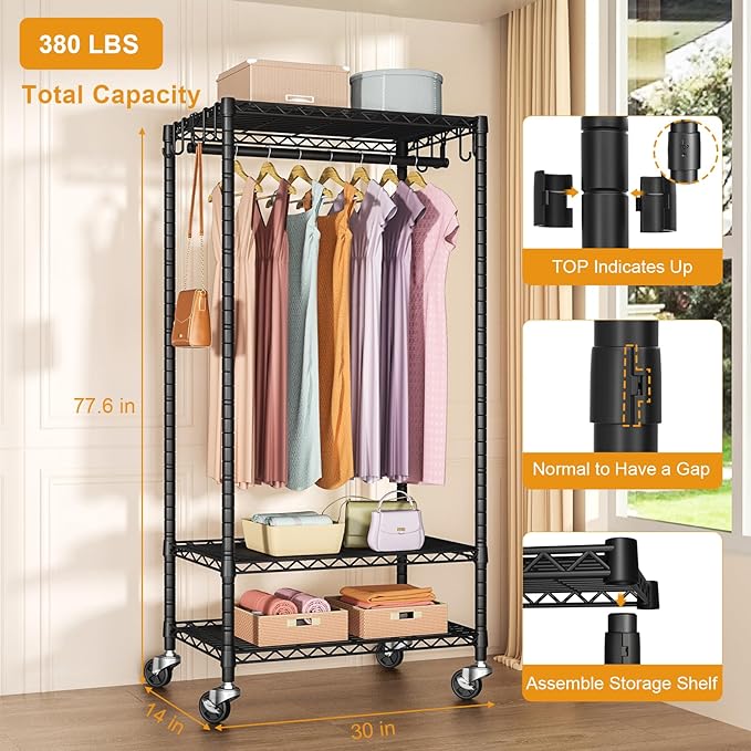 FUTASSI Rolling Clothes Rack, Clothing Racks for Hanging Clothes, Black | P6 Medium Heavy Duty Garment Rack with Wheels, Freestanding Portable Closet Rack with Shelves, 30 In Wide, Max Load 370 LBS
