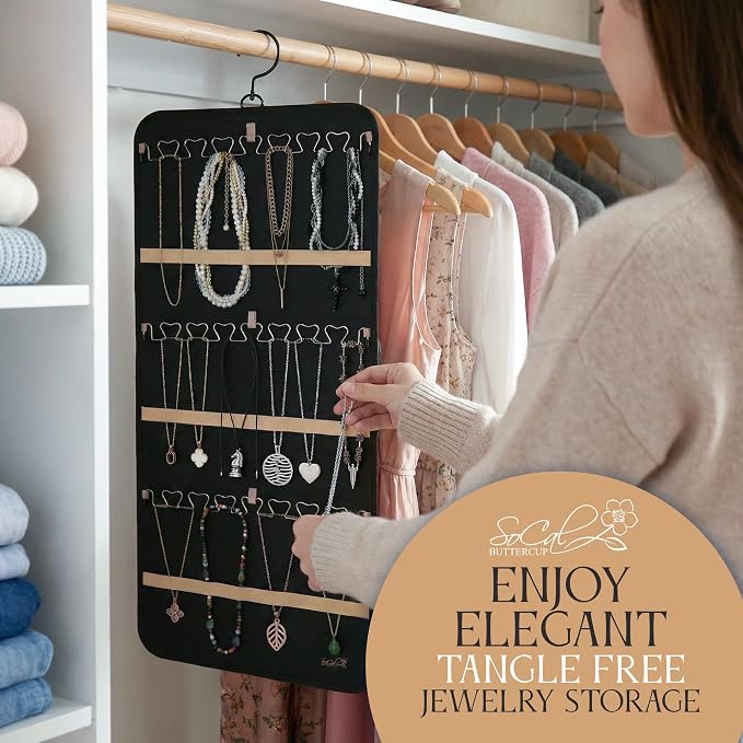 Hanging Jewelry Organizer Storage with Hanger Metal Hooks Double-Sided Jewelry Holder- Wall Mount Holder for Earrings, Necklaces, Rings on Closet, Wall, Door, 1 piece, Large, Charcoal Black