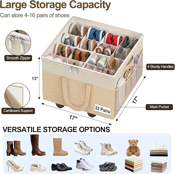 2 Pack Large Shoe Organizer for Closet, 32 Pairs Shoe Storage Box Beige | 360° Wheels & Reinforced Handles, Adjustable Dividers, Clear Cover, Side Pocket, Foldable Oxford Fabric Bin for Entryway