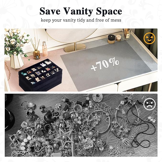Jewelry Drawer Organizer, Drawer Jewelry Organizer for Inserts Velvet Stackable Jewelry Trays Earring Necklace Organizer Tray and Storage for Women, Black