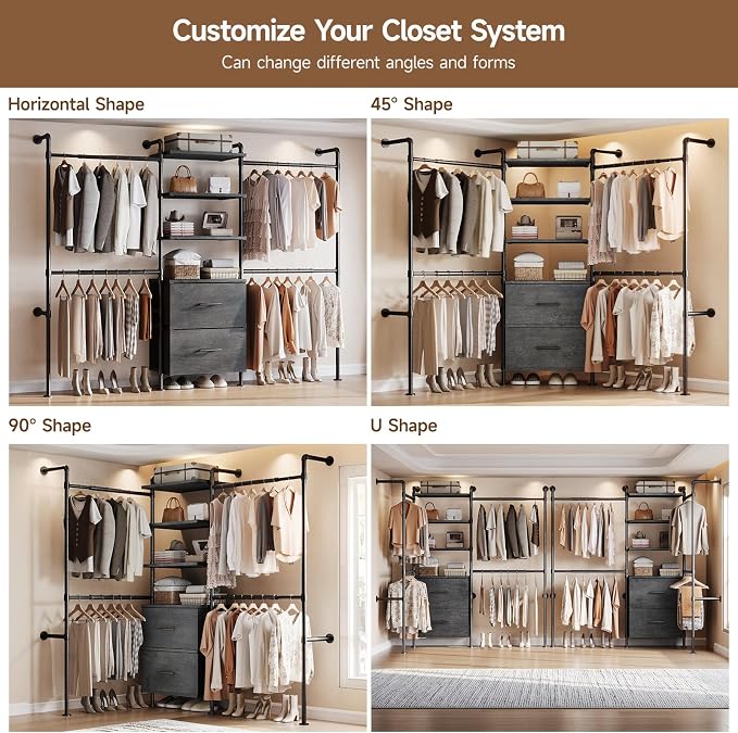 ONBRILL T3 Wall Mounted Industrial Pipe Closet Organizers Storage System | Metal Clothing Rack with 2 Drawers, 6 Wooden Shelves & 4 Expandable Rods, Heavy Duty Garment Rack, Wardrobe (Grey)