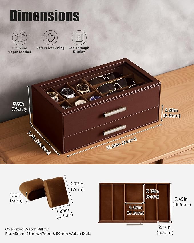 ProCase Watch Case, Mens Jewelry Box for 6 Watch & 5 Sunglasses -Brown | Pull-Out Drawer 2-Tier Leather Watch Organizer with Glass Display Top, fit Watches Size Up to 50 mm, Gift for Men & Women
