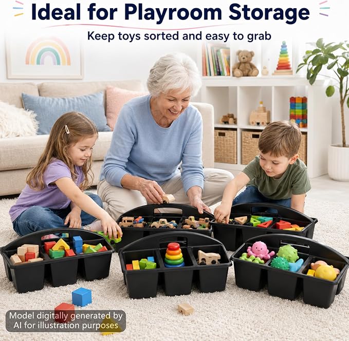 6 Pack Assorted Colors 6 Compartment Classroom Caddy with Handle Portable Plastic Storage Classroom Caddies Organizer for Classrooms Supply Teacher Office Table Desk(Black)