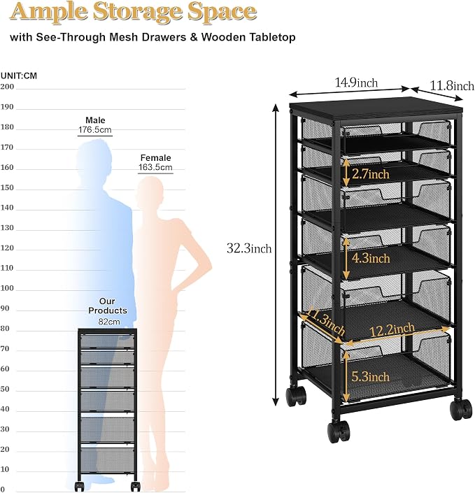 Sbanmao 6 Drawers Rolling Utility Cart, Rolling Storage Cart with Wooden Tabletop, Storage Drawer Cart on Lockable Wheels, Craft Cart for Bedroom, Classroom, Office, Black