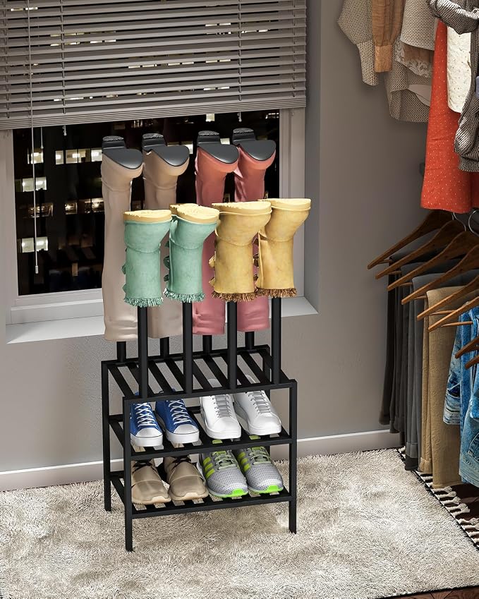viewcare Black Boot Rack, Small Boot Rack Organizer Tall Boots with Shoe Rack for Closet, Bamboo Wood Shoe Shelf Storage Organizer for Entryway Small Space