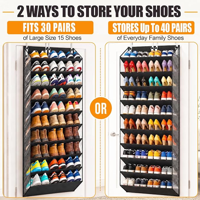 UVIAHOMI 30-40 Pairs Over the Door Shoe Organizer, Clear Pockets Hanging Shoe Storage for Closet, 10-Tier Door Shoes Rack, Handing Shoes Holder Fit All the Family's Sneakers, Boots, Heels, Black