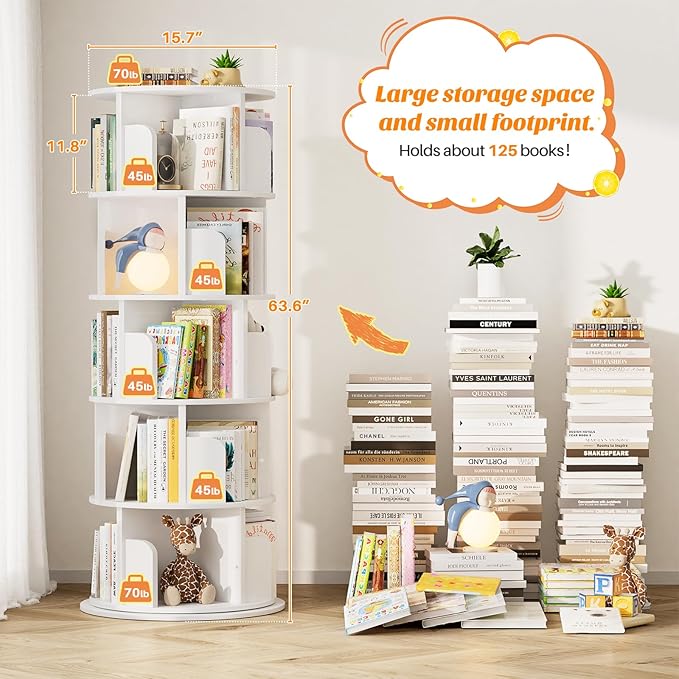 Aheaplus 5 Tier Rotating Bookshelf, Wood Spinning Bookshelf Tower, Round Revolving 360 Bookcase, Narrow Turning Book Shelf Rolling Corner Organizer for Small Space, Bedroom, Office, White