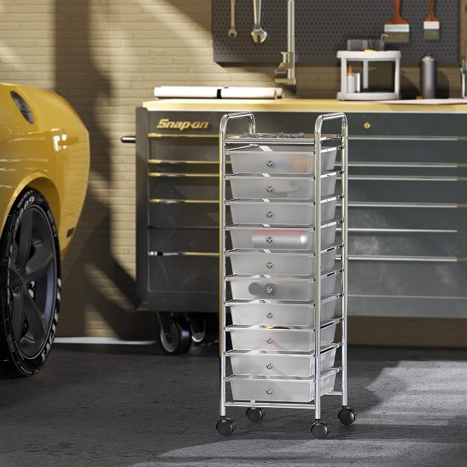 Simple Houseware 10 Drawers Rolling Utility Cart Organizer, Chrome | 1-Column, 36" Height, Lockable Wheels, for School, Office, Art Craft, and Paper Storage