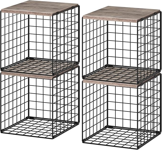 CHOEZON 4-Tier Closet Organizers and Storage, Stackable Storage Bin Baskets with Wooden Upper Surface, Closet Shelves Clothes Storage Cubes for Wardrobe and Closet Organization, Greige and Black