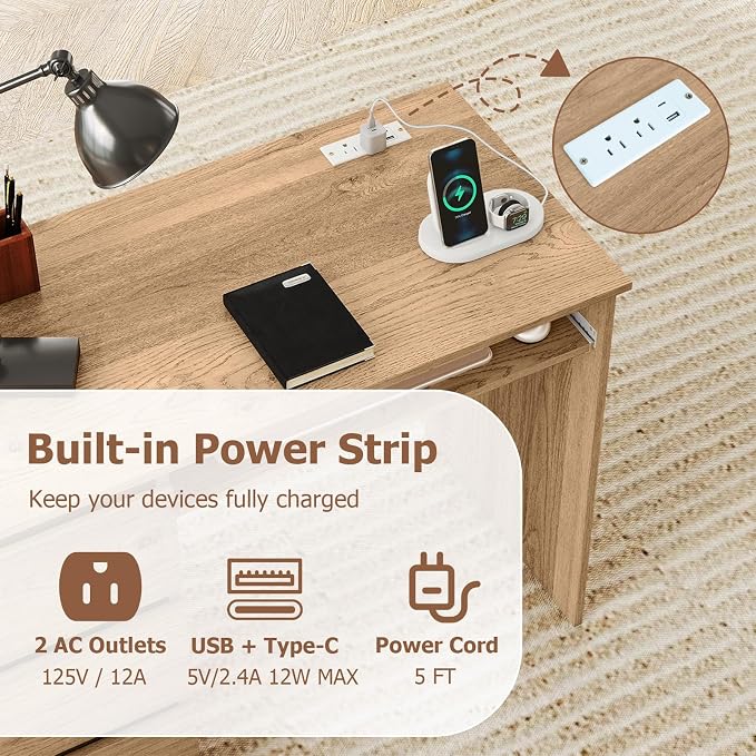 GOFLAME Computer Desk with 3 Drawers & Charging Station, 42” Home Office Desk with Storage & Keyboard Tray, Writing Desk PC Workstation Vanity Table (Natural)
