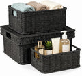 Wicker Storage Basket with Lid - Woven Basket for Storage,Rectangular Decorative Boxes Bins with Lids for Shelves,living room, Nursery, 3 baskets+1 lids(Black)