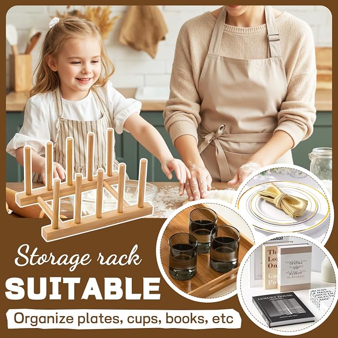 Bamboo Dish Drying Rack for Kitchen Counter, 3 Slots Plate Organizer Stand for Cups Cutting Board Pot Lid Books, Space Saving Bamboo Rack for Cabinet Display