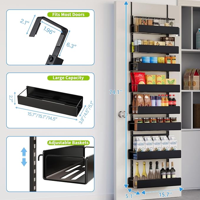 8-Tier Over Door Organizer, Sturdy Slim Hanging Spice Rack for Cabinet & Pantry, Black