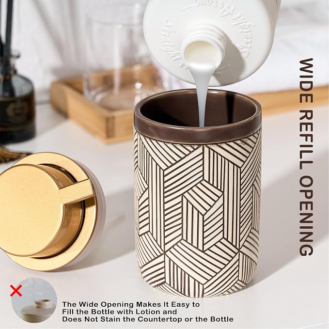 Brown Foaming Soap Dispenser,Ceramic Foam Soap Dispenser for Bathroom&Kitchen,12oz Foam Dispenser with Plastic Gold Pump(Unique&Modern)