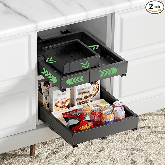 2 Pack Pull out Cabinet Organizer, Width (10"-15") Depth (11"-17"), with 3 Rails Adjustable Slide, Expandable Drawers for Cabinets, No Drill Adhesive Kitchen Drawers for Pantry Shelves black